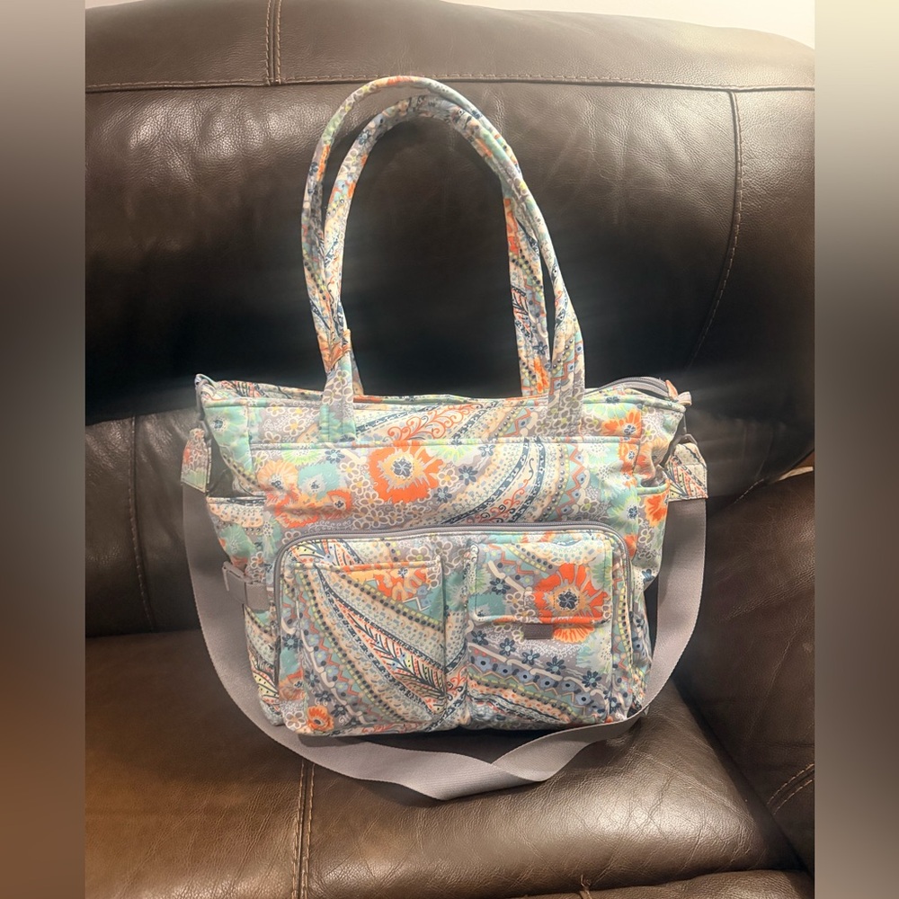 Vera Bradley Floral Paisley Quilted Tote Bag in Aqua & Orange, Large